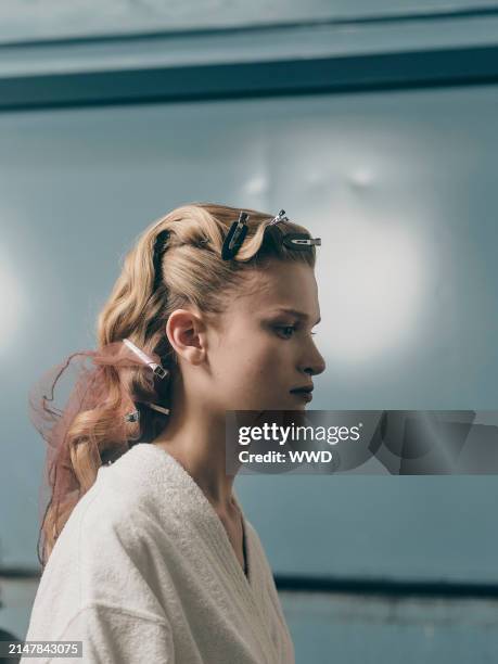 Model backstage at Dior Fall 2024 RTW Show as part of New York Ready to Wear Fashion Week held at the Brooklyn Museum on April 15, 2024 in New York,...