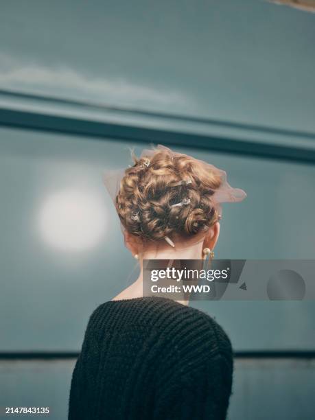 Model backstage at Dior Fall 2024 RTW Show as part of New York Ready to Wear Fashion Week held at the Brooklyn Museum on April 15, 2024 in New York,...