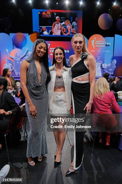 Angel Reese, Caitlin Clark and Cameron Brink pose for a photo during the 2024 WNBA Draft on April 15, 2024 at the Brooklyn Academy of Music in...