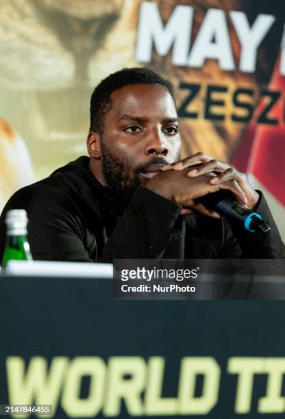 Lawrence Okolie is speaking during a press conference before the Rozanski vs. Okolie WBC World title fight in Warsaw, Poland, on April 15, 2024.
