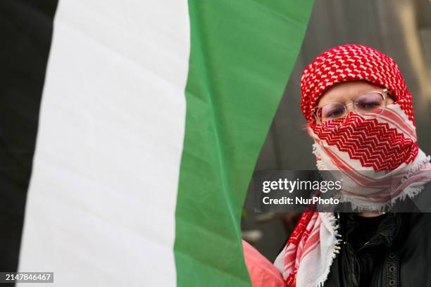 Protesters are organizing a pro-Palestinian protest in front of the MOCAK Museum of Contemporary Art in Krakow, Poland, on April 11 in connection...