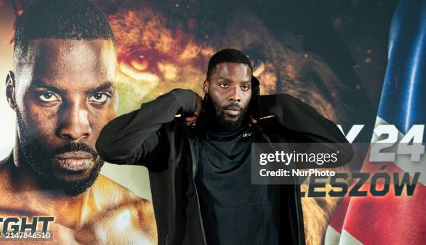 Lawrence Okolie is speaking during a press conference before the Rozanski vs. Okolie WBC World title fight in Warsaw, Poland, on April 15, 2024.