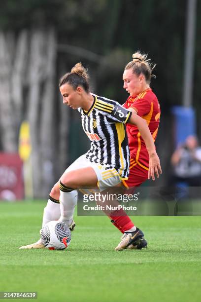 Arianna Caruso of Juventus F.C. And Giada Greggi of A.S. Roma Women are playing on Day 22 of the Women's Serie A Playoffs between A.S. Roma Women and...
