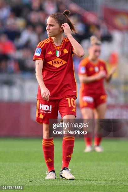 Manuela Giugliano of A.S. Roma Women is playing during Day 22 of the Women's Serie A Playoffs between A.S. Roma Women and Juventus F.C. At the Tre...