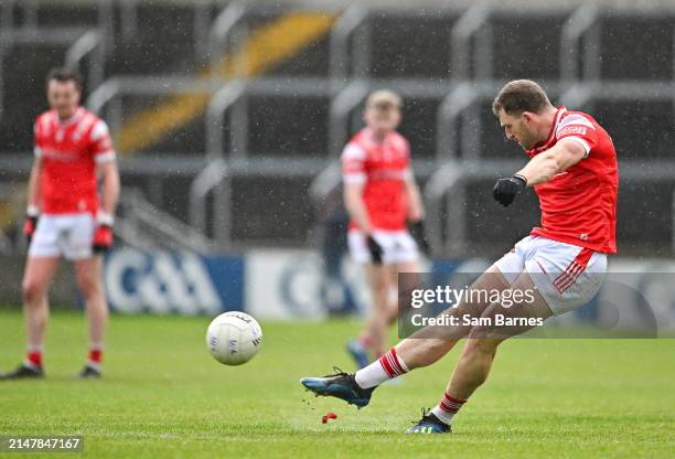 Laois , Ireland - 14 April 2024; Sam Mulroy of Louth takes a free during the Leinster GAA Football Senior Championship quarter-final match between...