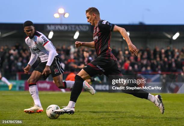 Dublin , Ireland - 15 April 2024; Filip Piszczek of Bohemians in action against Mayowa Animasahun of Dundalk during the SSE Airtricity Men's Premier...