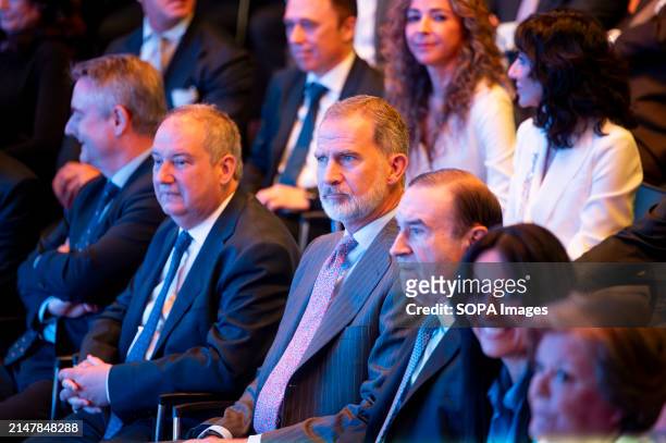 The Spanish King Felipe VI between Jordi Hereu and Pedro J. Ramirez seen at the inauguration day of the 4th edition of Wake Up, Spain!, an Economic...
