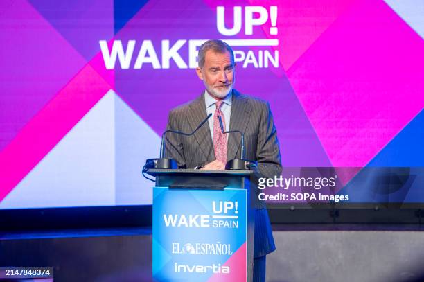 The Spanish King Felipe VI seen speaking at the inauguration day of the 4th edition of Wake Up, Spain!, an Economic Forum organized by the newspaper...