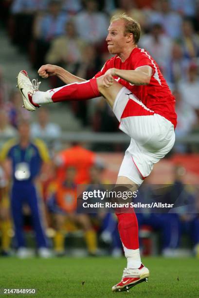 June 26: Ludovic Magnin of Switzerland kicking during the FIFA World Cup Finals 2006 Round Of 16 match between Switzerland and Ukraine at...