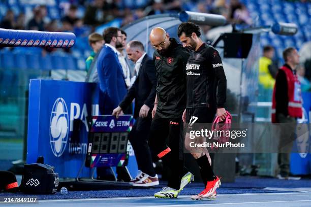 Antonio Candreva of US Salernitana leaves the pitch injured during the Serie A TIM match between SS Lazio and US Salernitana at Stadio Olimpico on...