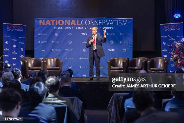 Politician Nigel Farare pictured during the NatCon National Conservatism Conference, at the Claridge, in Sint-Joost-ten-Node/ Saint-Josse-ten-Noode,...