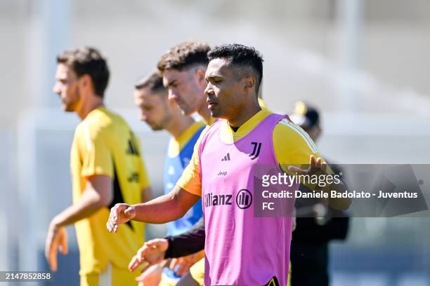Alex Sandro of Juventus during a training session at JTC on April 16, 2024 in Turin, Italy.