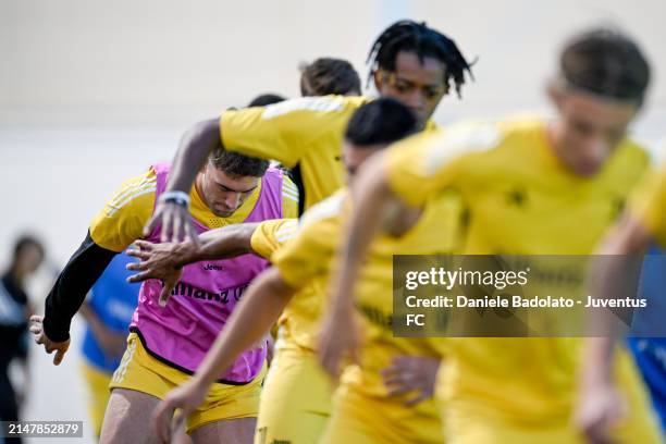 Dusan Vlahovic of Juventus during a training session at JTC on April 16, 2024 in Turin, Italy.