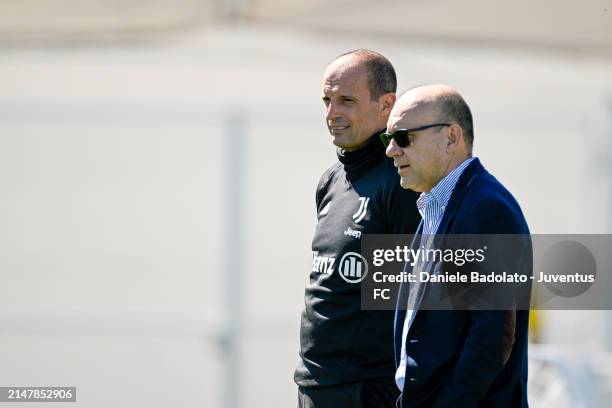 Massimiliano Allegri, Maurizio Scanavino of Juventus during a training session at JTC on April 16, 2024 in Turin, Italy.