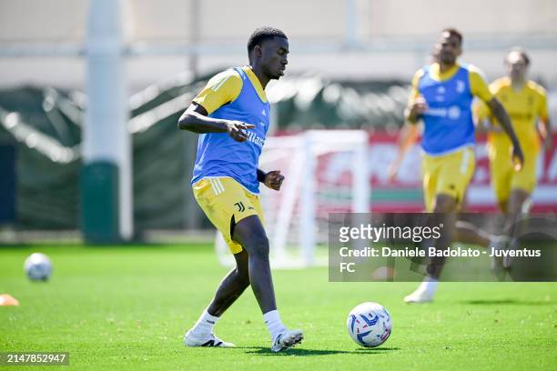 Timothy Weah of Juventus during a training session at JTC on April 16, 2024 in Turin, Italy.