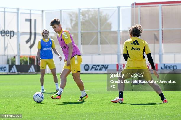 Hans Nicolussi Caviglia of Juventus during a training session at JTC on April 16, 2024 in Turin, Italy.