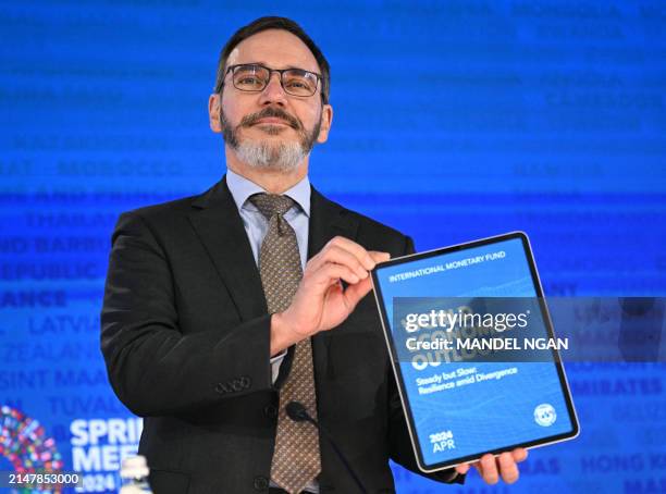 International Monetary Fund Chief Economist Pierre-Olivier Gourinchas holds the IMF's World Economic Outlook during a press briefing at the IMF-World...