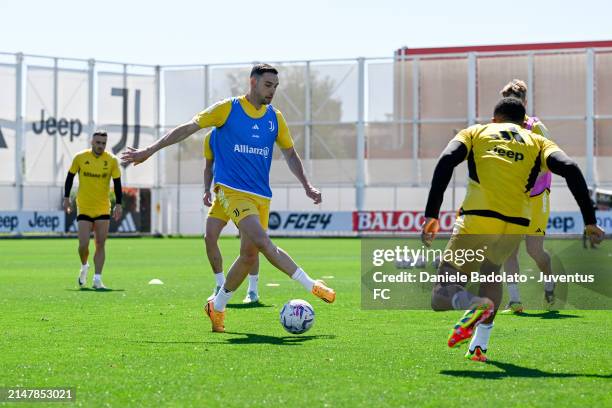 Mattia De Sciglio of Juventus during a training session at JTC on April 16, 2024 in Turin, Italy.