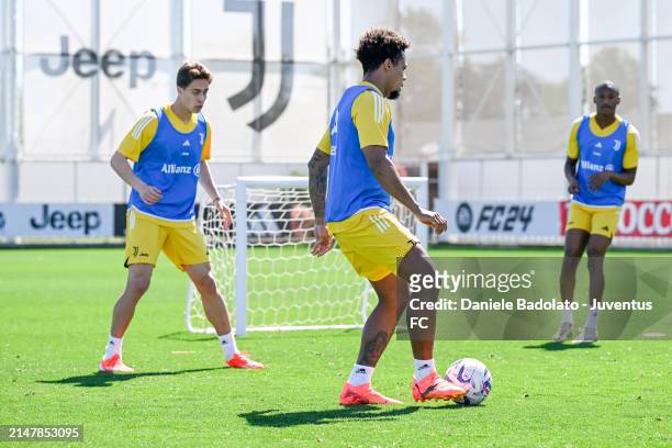 Weston McKennie of Juventus during a training session at JTC on April 16, 2024 in Turin, Italy.