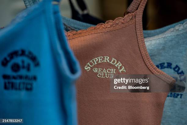 Vest tops on display at a SuperDry Plc store on Oxford Street in central London, UK, on Tuesday, April 16, 2024. Superdry Plc plans to quit the...