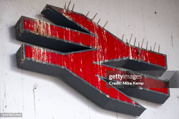 National Rail Double Arrow logo covered in bird muck despite having anti-roosting spikes installed on 10th April 2024 in London, United Kingdom. The...