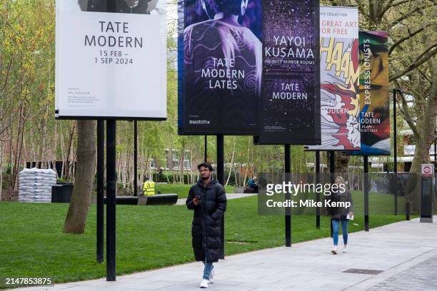 Banners advertising current and furure art exhibitions outside Tate Modern on 10th April 2024 in London, United Kingdom. Tate Modern is based in the...