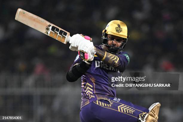 Kolkata Knight Riders' Sunil Narine plays a shot during the Indian Premier League Twenty20 cricket match between Kolkata Knight Riders and Rajasthan...