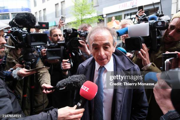 Leader of the nationalist political party Reconquête Eric Zemmour talks to media as he arrives for a discussion on Day 1 of The National Conservatism...