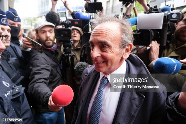 Leader of the nationalist political party Reconquête Eric Zemmour talks to media as he arrives for a discussion on Day 1 of The National Conservatism...
