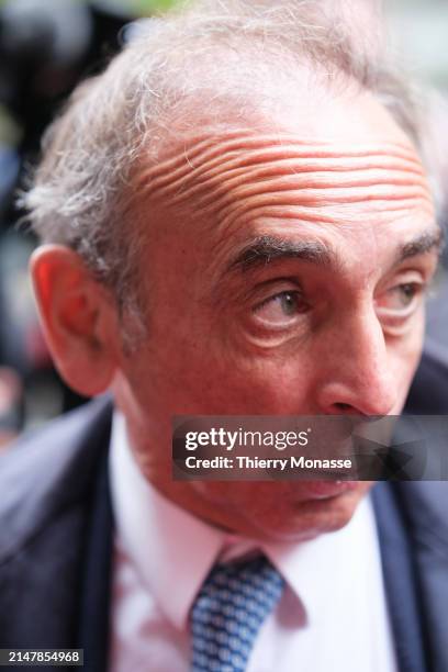 Leader of the nationalist political party Reconquête Eric Zemmour talks to media as he arrives for a discussion on Day 1 of The National Conservatism...