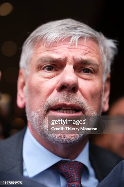 Right-wing Flemish nationalist and secessionist political party leader of the Vlaams Belang Filip Dewinter talks to media during a discussion on Day...