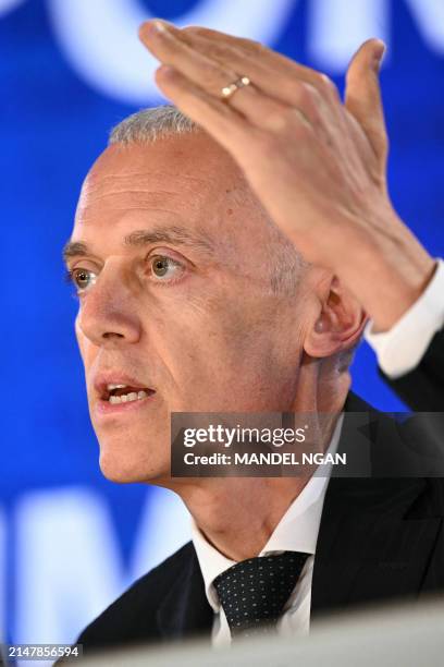 International Monetary Fund Monetary and Capital Markets Deputy Director, Fabio Natalucci, speaks during a press briefing as the IMF publishes its...