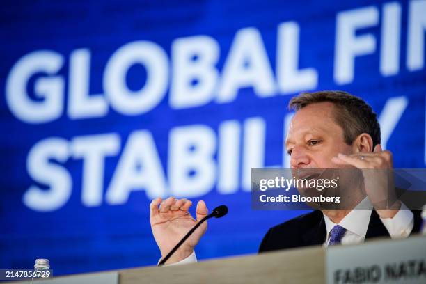 Tobias Adrian, director of monetary and capital market at the International Monetary Fund , speaks during a global financial stability report news...