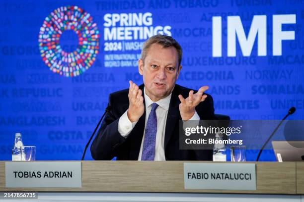 Tobias Adrian, director of monetary and capital market at the International Monetary Fund , speaks during a global financial stability report news...