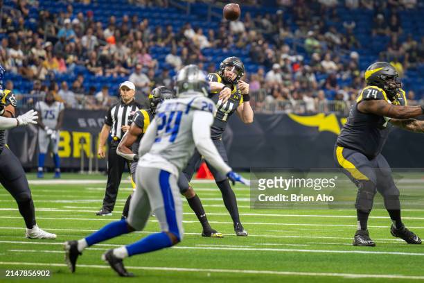 Quarterback Chase Garbers of the San Antonio Brahmas passes the ball against the St. Louis Battlehawks during the fourth quarter in the game at...