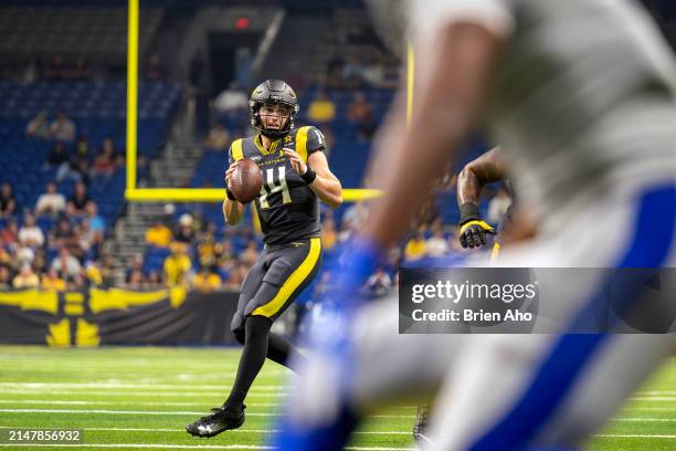 Quarterback Chase Garbers of the San Antonio Brahmas drops back for a pass against the St. Louis Battlehawks during the fourth quarter in the game at...