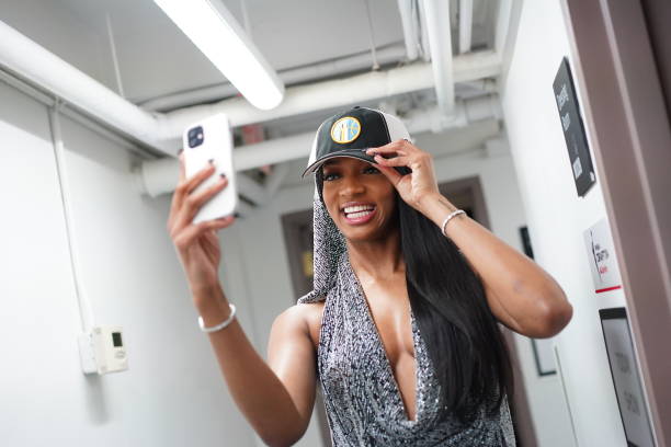 Angel Reese of the Chicago Sky takes a selfie during the 2024 WNBA Draft on April 14, 2025 at the Brooklyn Academy of Music in Brooklyn, New York....