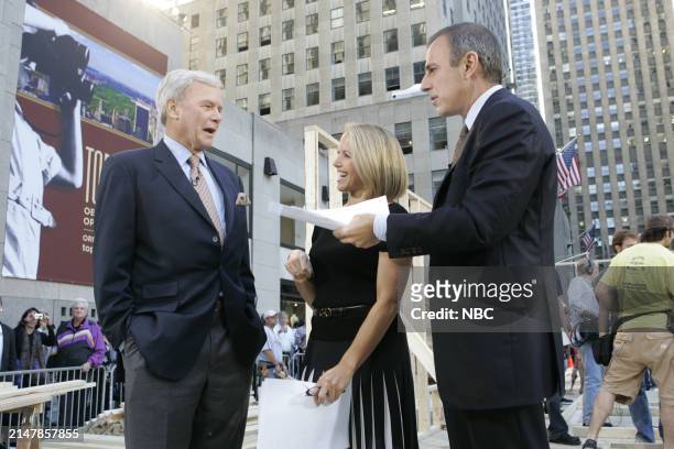 News -- Pictured: Tom Brokaw, Katie Couric and Matt Lauer at Humanity Plaza in Rockefeller Plaza -- NBC Universal Photo: Virginia Sherwood -- FOR...