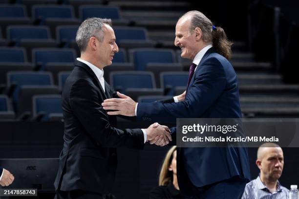 Head Coach Dusko Ivanovic of Baskonia Vitoria-Gasteiz hands shake Head Coach Oded Kattash of Maccabi Playtika Tel Aviv during the 2023/2024 Turkish...