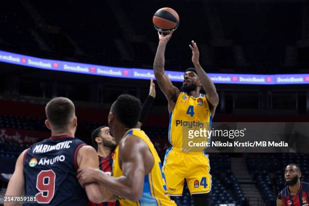 Lorenzo Brown of Maccabi Playtika Tel Aviv shoots for three points during the 2023/2024 Turkish Airlines EuroLeague, Play-in match between Maccabi...