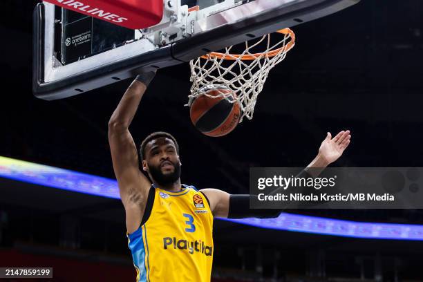 James Webb III of Maccabi Playtika Tel Aviv dunks on the basket during the 2023/2024 Turkish Airlines EuroLeague, Play-in match between Maccabi...