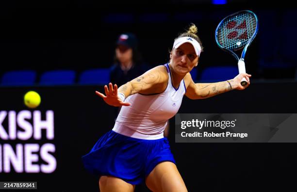 Marketa Vondrousova of the Czech Republic in action against Donna Vekic of Croatia in the first round on Day Two of the Porsche Tennis Grand Prix...