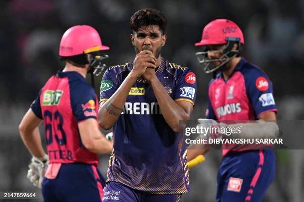 Kolkata Knight Riders' Harshit Rana reacts during the Indian Premier League Twenty20 cricket match between Kolkata Knight Riders and Rajasthan Royals...