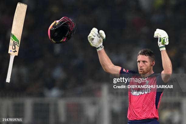 Rajasthan Royals' Jos Buttler celebrates after winning the Indian Premier League Twenty20 cricket match between Kolkata Knight Riders and Rajasthan...