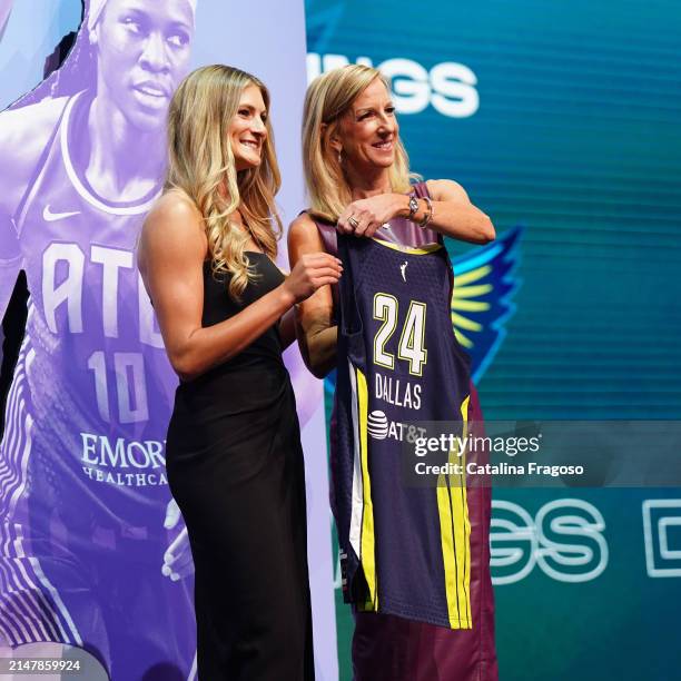 Jacy Sheldon poses for a photo after being drafted by the Dallas Wings during the 2024 WNBA Draft on April 15, 2024 at the Brooklyn Academy of Music...