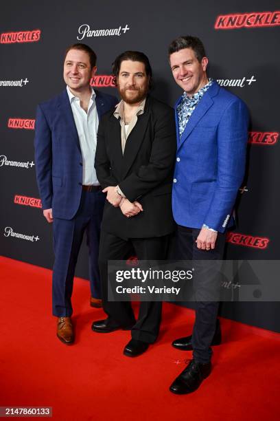 Toby Ascher, Adam Pally and Jeff Fowler at the world premiere of "Knuckles" held at Odeon Luxe Leicester Square on April 16, 2024 in London, England.