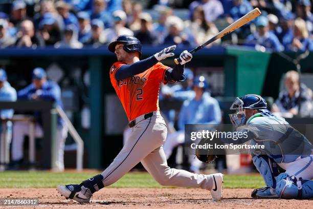 Houston Astros third baseman Alex Bregman bats during an MLB game against the Kansas City Royals on April 11, 2024 at Kauffman Stadium in Kansas...