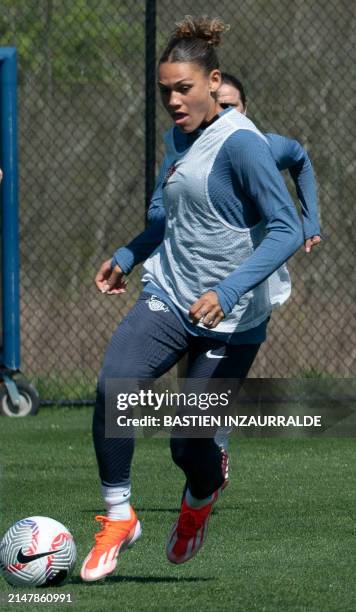 Washington Spirit and US women's national team forward Trinity Rodman trains at the Inova Performance Complex training facility in Leesburg,...