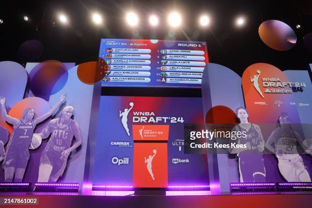 View of the stage during the 2024 WNBA Draft on April 15, 2024 at the Brooklyn Academy of Music in Brooklyn, New York. NOTE TO USER: User expressly...