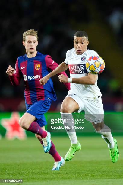 Kylian Mbappe centre-forward of PSG and France in action during the UEFA Champions League quarter-final second leg match between FC Barcelona and...